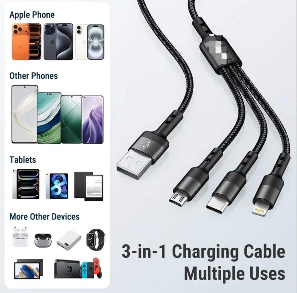 3 in 1 USB Fast Charging Cable Nylon Braided Multiple 2.4A Charging Cable