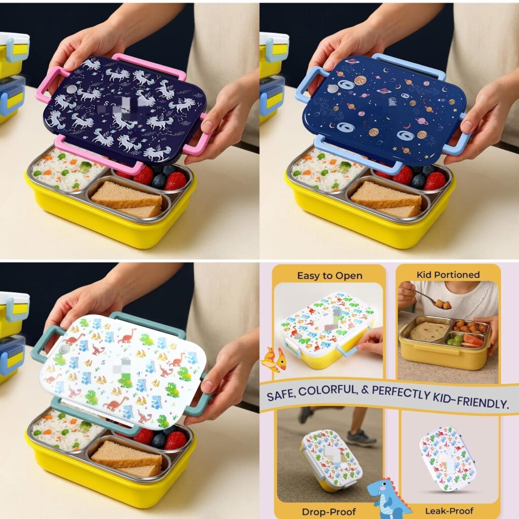 Stainless Steel Lunch Box for Kids, with 3 Compartments, Leak Proof, Steel
